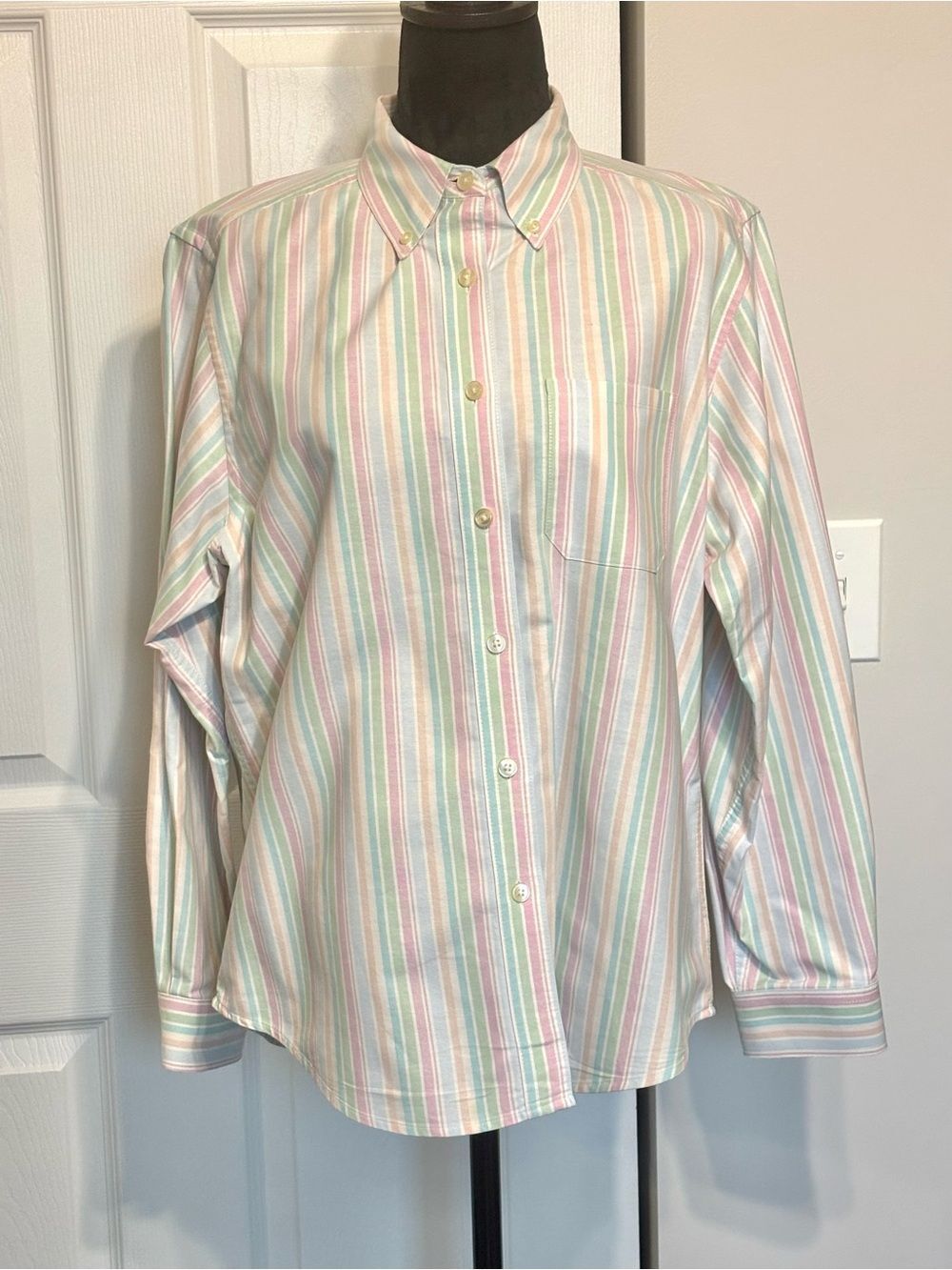 LL Bean Pastel Multi-Striped Oxford Button Down Long Sleeve Women's Medium Pink